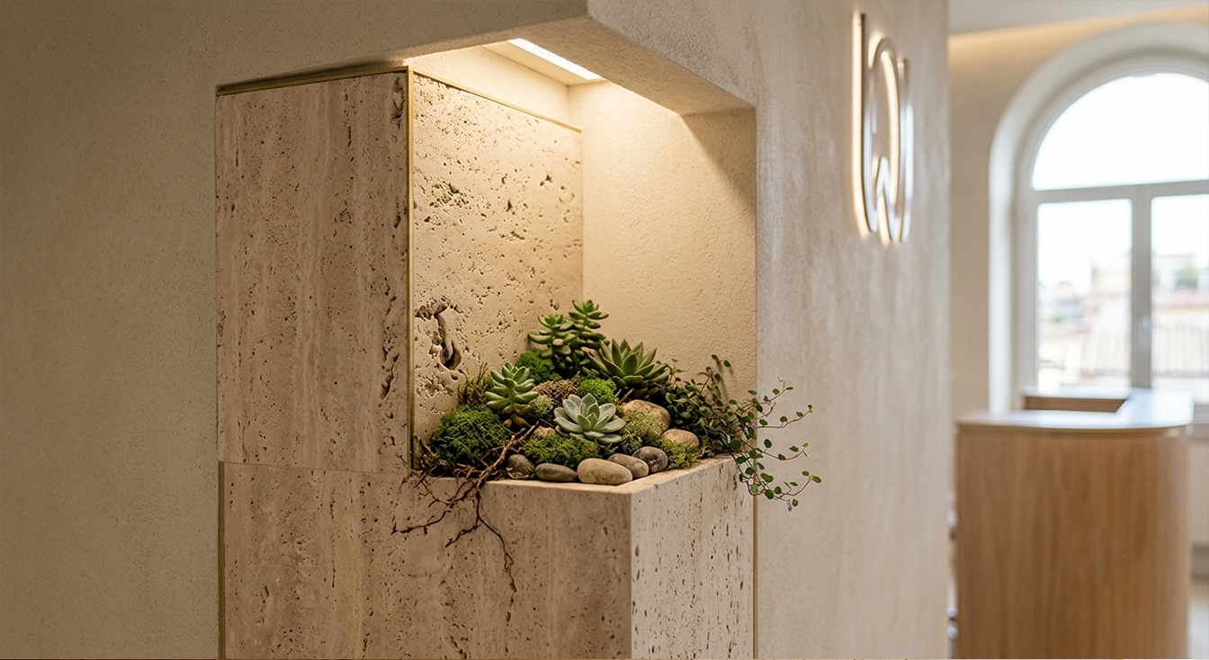 Nicchia in travertino con verde integrato e luce nascosta