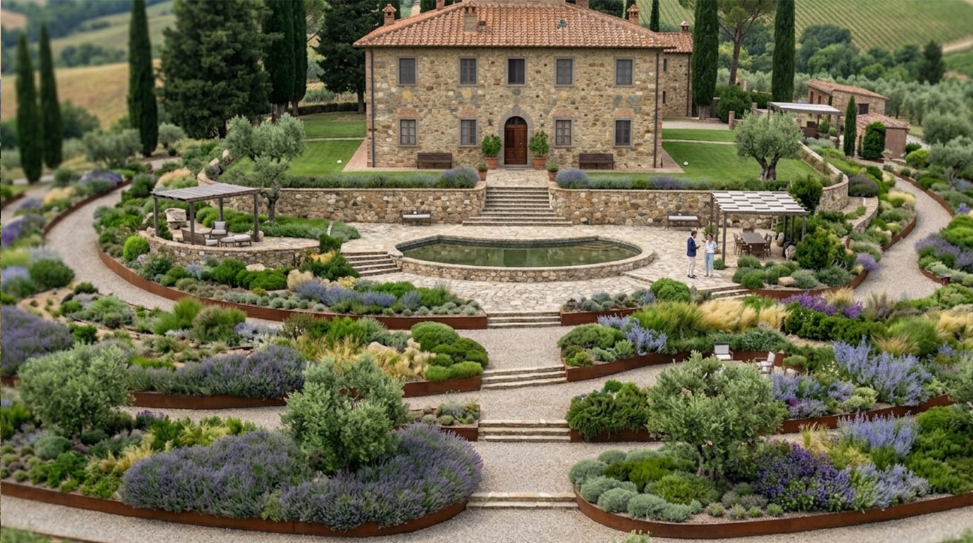 Giardino terrazzato con casale in pietra