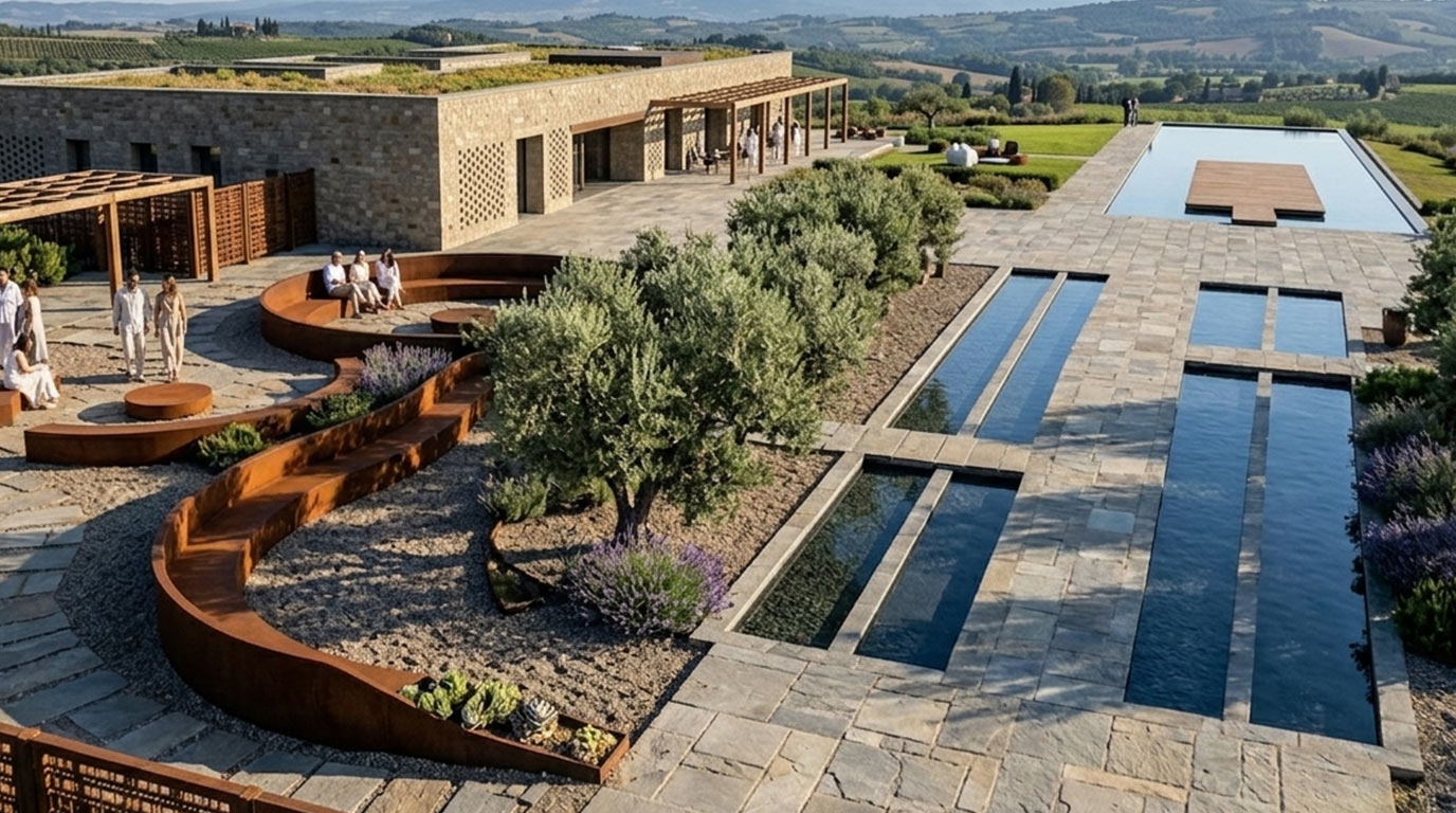 Paesaggio con vasche d'acqua e sedute in corten
