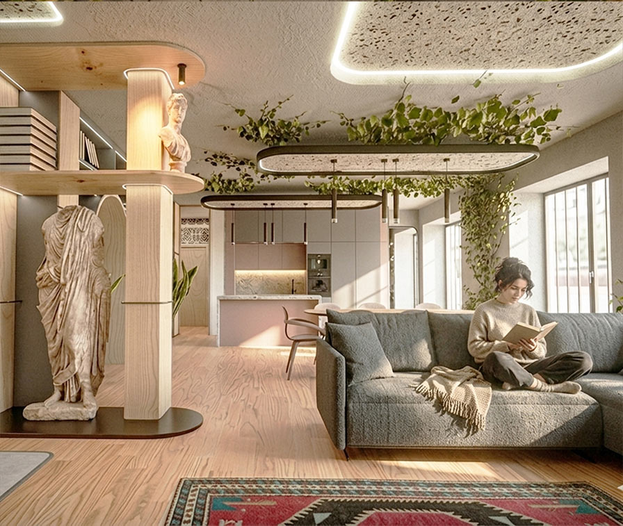Appartamento con soggiorno luminoso, verde a soffitto e sculture