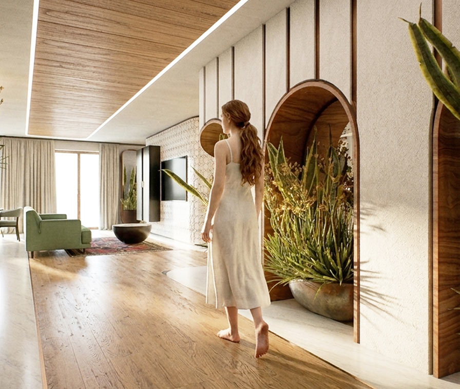 Residenza con corridoio ad archi, essenze in legno e piante