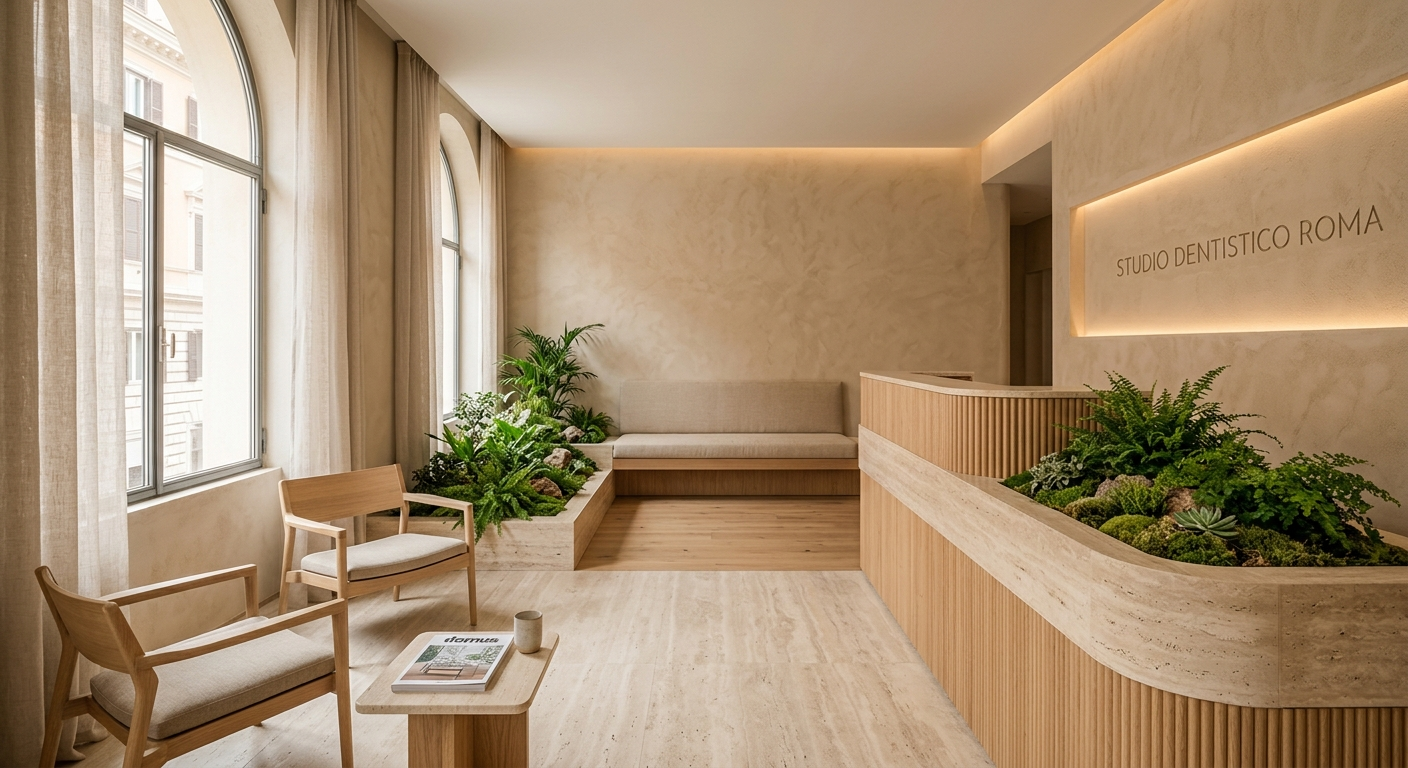 Sala d'attesa di studio dentistico in travertino e legno