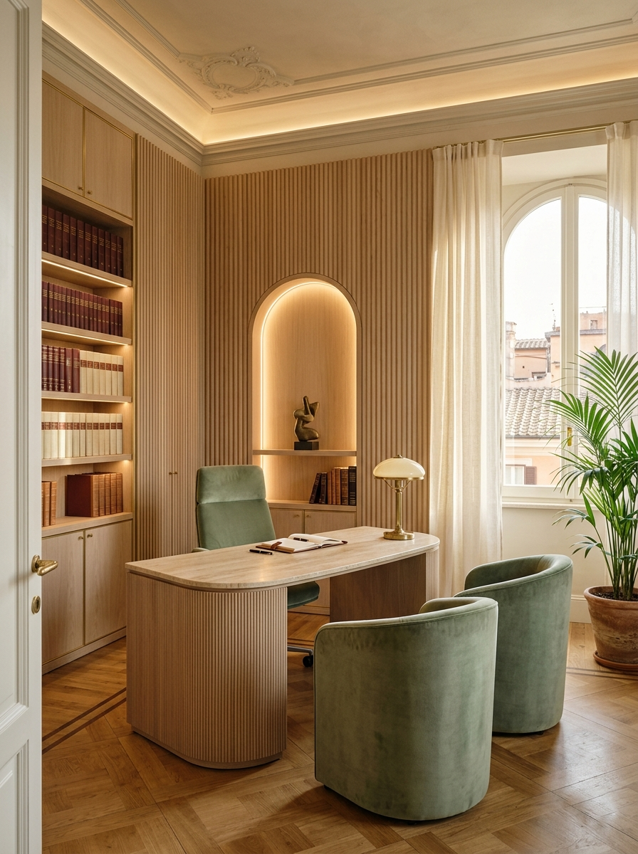 Ufficio con boiserie in legno e poltrone verde salvia