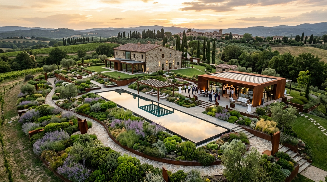 Giardino di una villa toscana al tramonto: lama d'acqua riflettente, bordure di lavanda, pergola in corten e vigne sullo sfondo