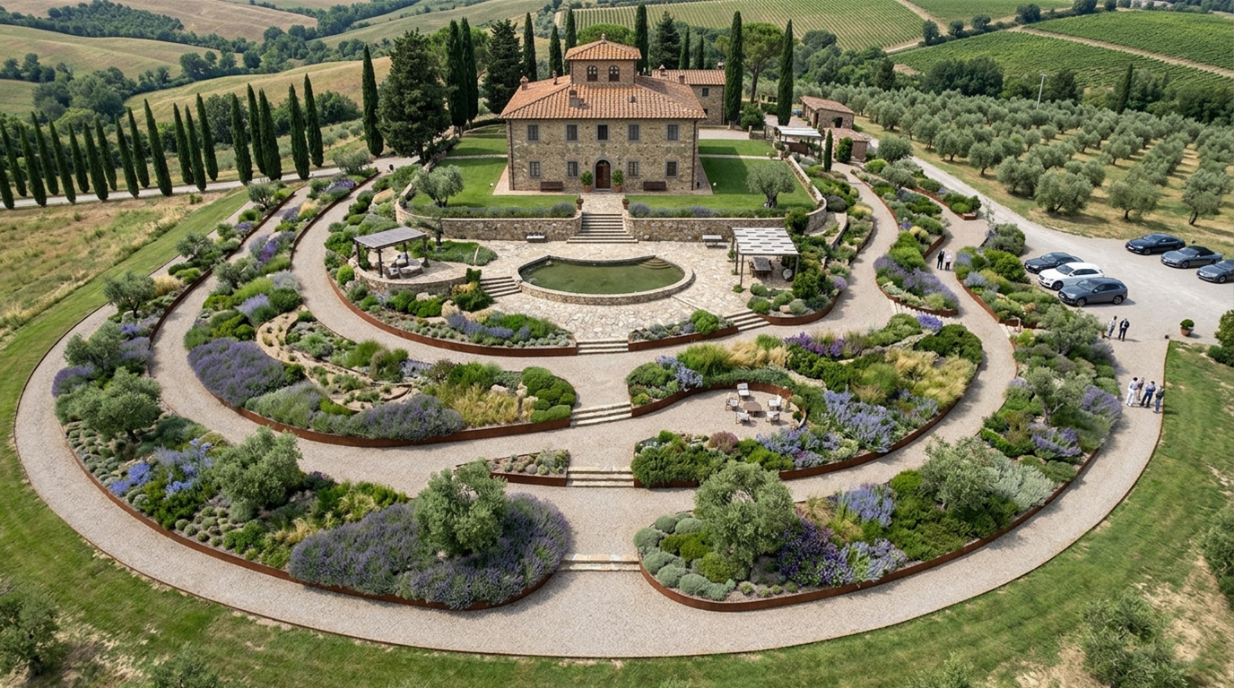 Veduta aerea dei sei terrazzamenti concentrici in corten di Villa Ludovisi, con lavandeti e vasca centrale