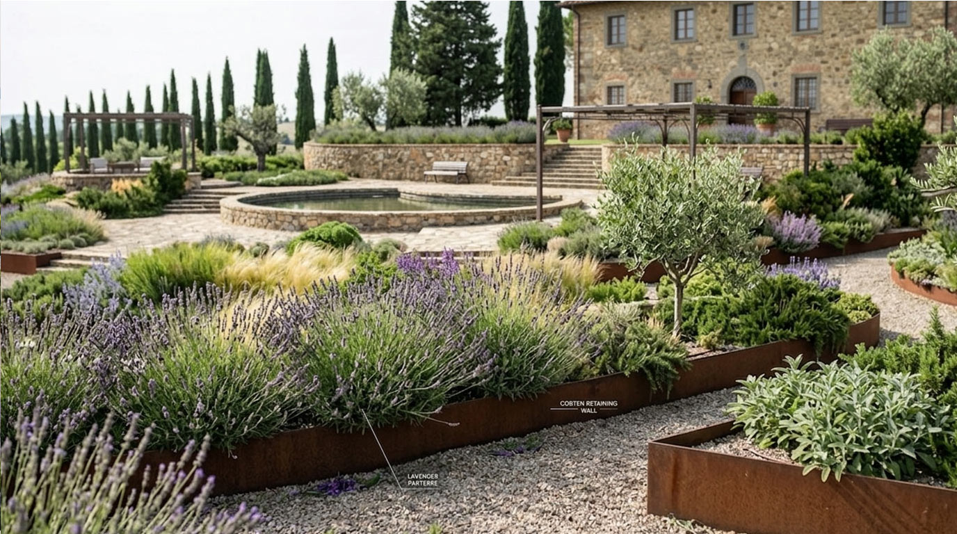 Parterre di lavanda, salvia e rosmarino contenuto da bordi in corten: essenze mediterranee a bassa manutenzione