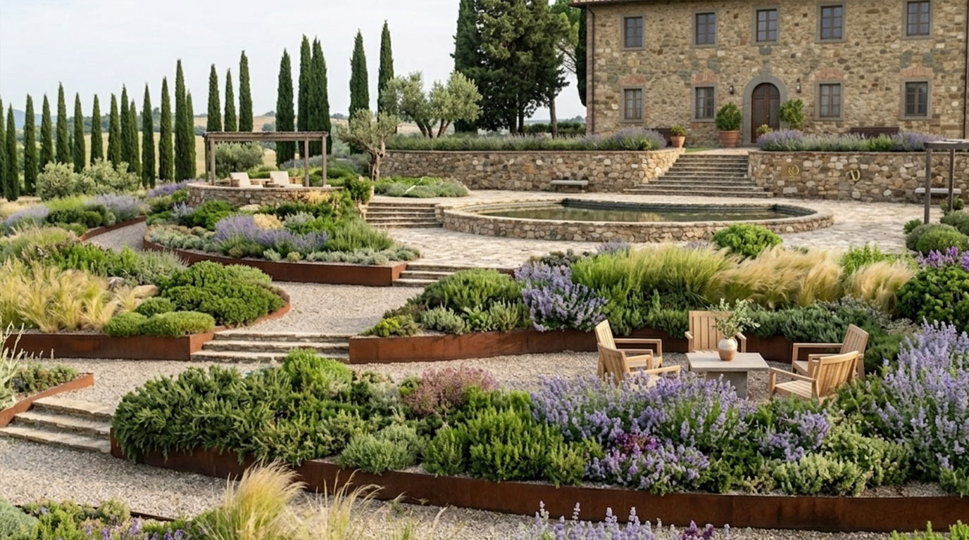 Terrazzamenti a livello del suolo con sedute, lavanda e graminacee, vasca circolare sullo sfondo