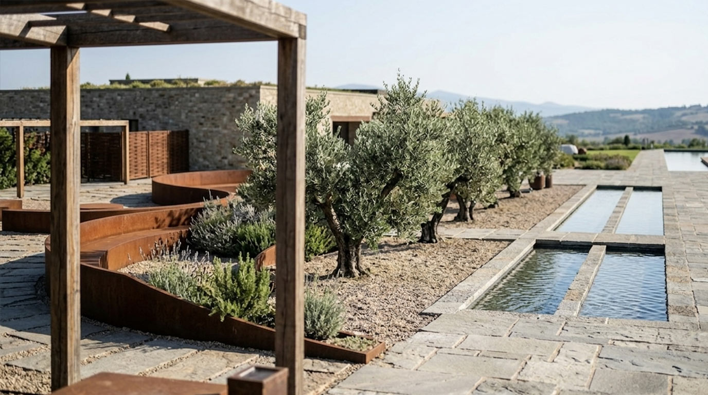 Dettaglio della lama in corten con olivi trapiantati e vasche lineari riflettenti in pietra