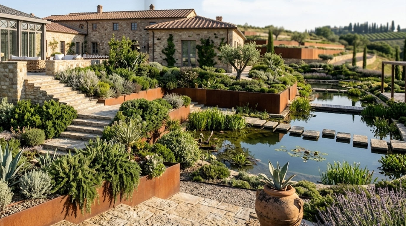 Il laghetto biologico di Tenuta Vittoria con passi giapponesi in pietra, bordure in corten e il borgo alle spalle