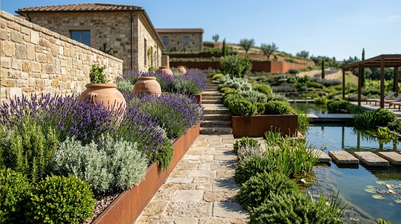 Copertina del catalogo Landscape — bordure di lavanda, orci in terracotta e laghetto