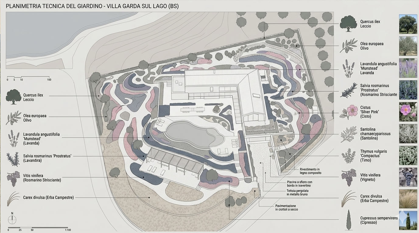 Planimetria tecnica del giardino di Villa Belvedere con registro vegetale