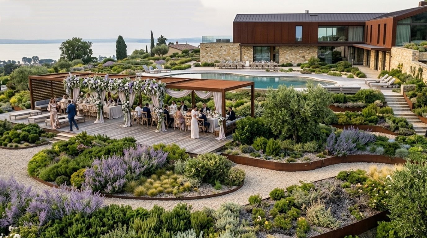 Giardino al crepuscolo: tavolo apparecchiato sotto la pergola, luce calda e specchio d'acqua