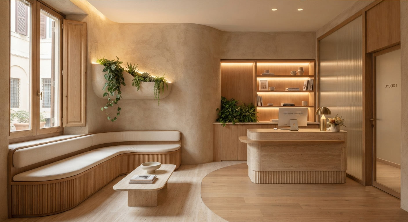 Reception di uno studio professionale a Roma: bancone in travertino scanalato, seduta continua in legno e ingresso Studio 1