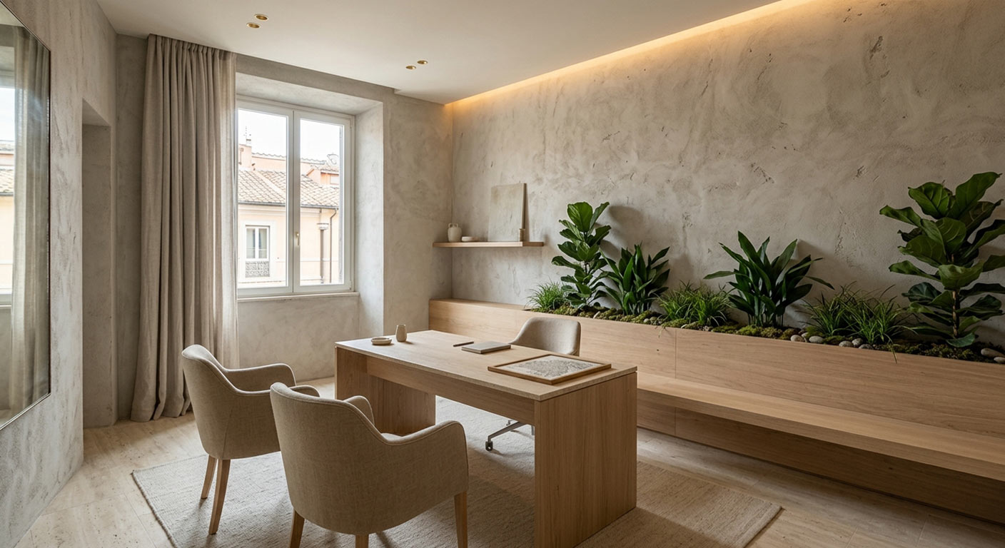Studio operativo silenzioso: scrivania in rovere, luce integrata e superfici calde per la concentrazione