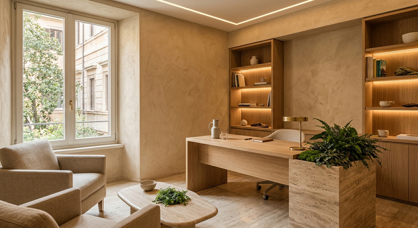 Uffici Foro — studio del socio: grande scrivania in rovere, fioriera in travertino e libreria retroilluminata