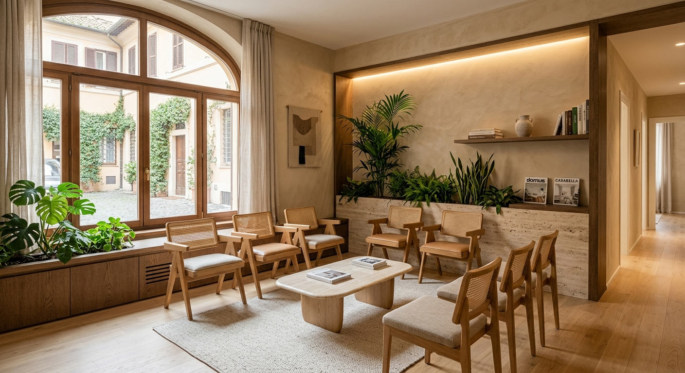 Sala d'attesa di rappresentanza con poltrone in canna, riviste di architettura e verde: il percorso del cliente
